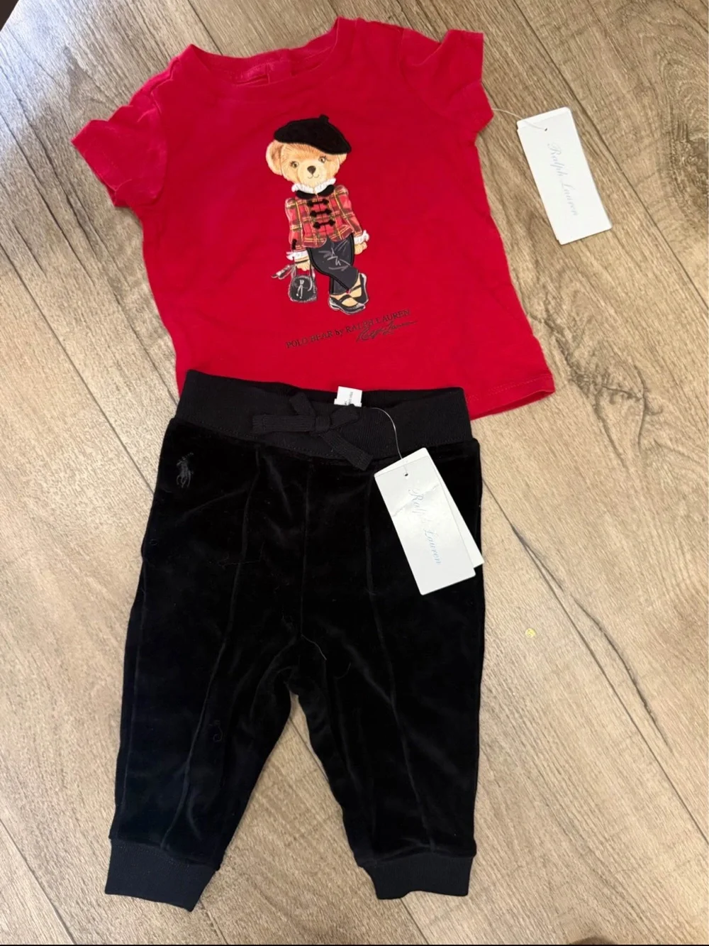 Ralph Lauren Red Tee with Black Velour Joggers Set 6 month